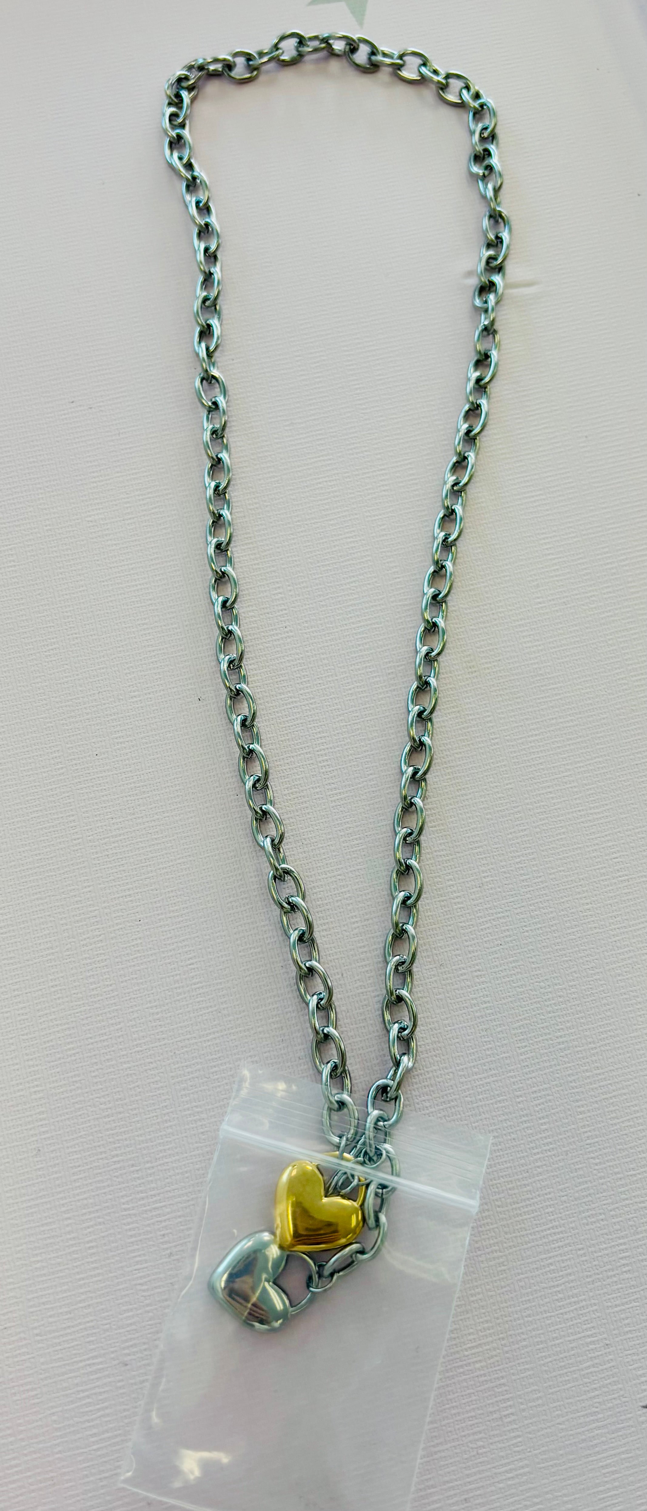 Double Heart Chain Necklace – Silver Link Necklace with Heart Pendants (Y2K Aesthetic Jewelry)