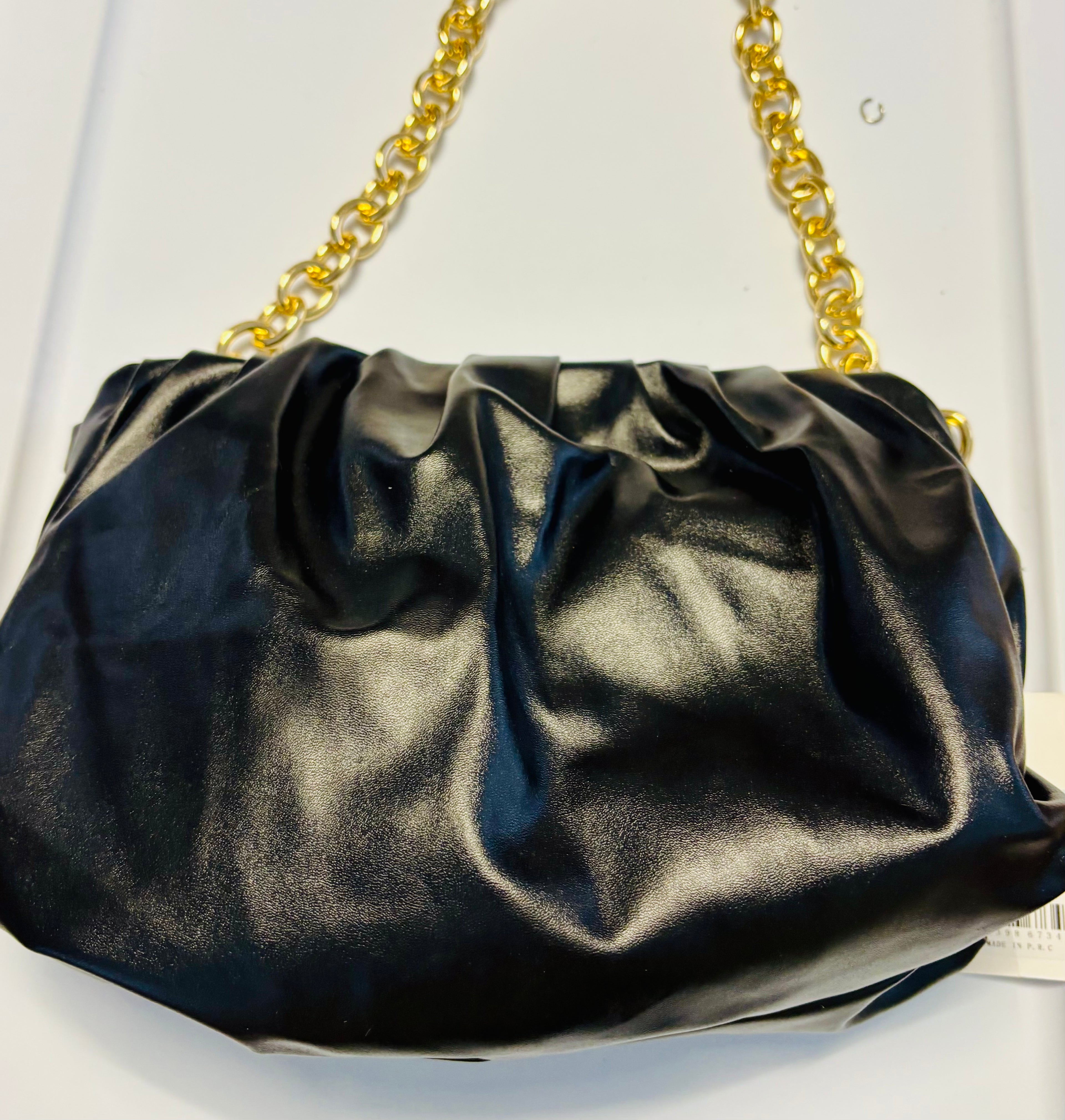 Women’s Ruched Chain Shoulder Bag – Soft PU Leather Fashion Handbag (Black)