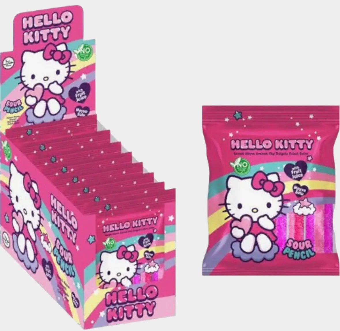 Hello Kitty Sour Pencil Candy Rainbow Fruit Flavor Soft Chewy Candy Snack Pack