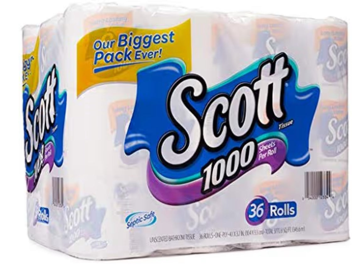 Scott 1000 Sheets Per Roll Toilet Paper,36 Rolls Bath Tissue