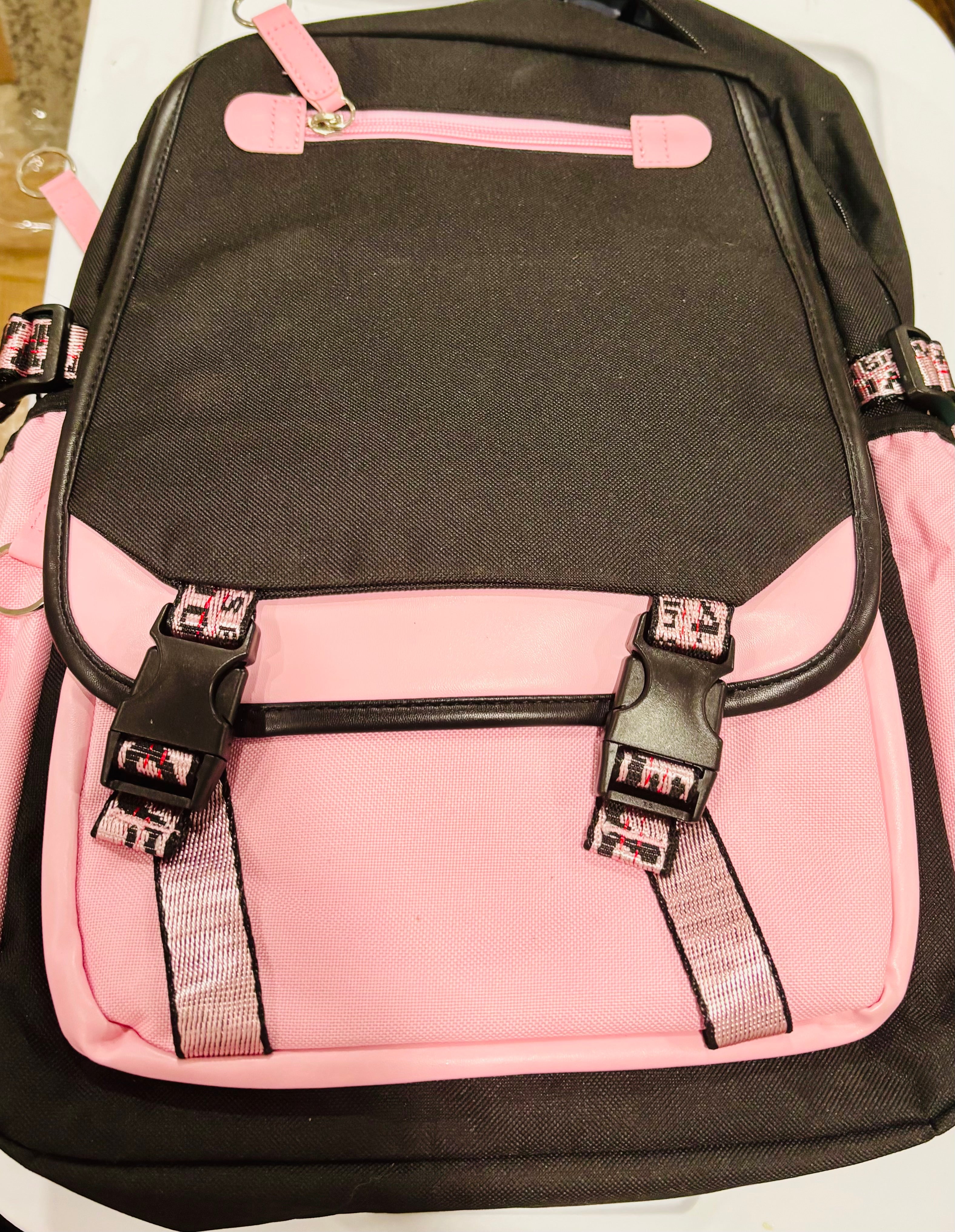 Pink and Black Casual Backpack School Travel Backpack with Multiple Pockets