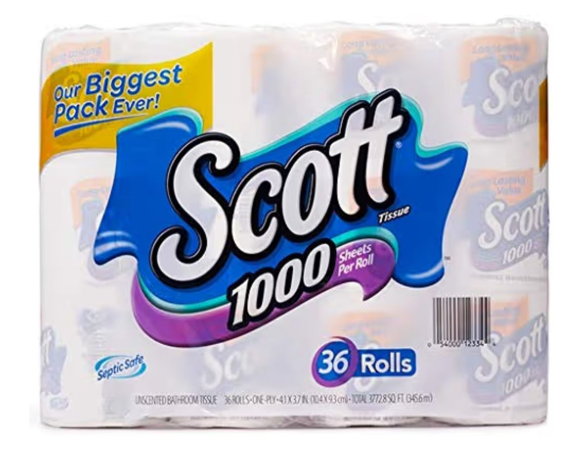 Scott 1000 Sheets Per Roll Toilet Paper,36 Rolls Bath Tissue