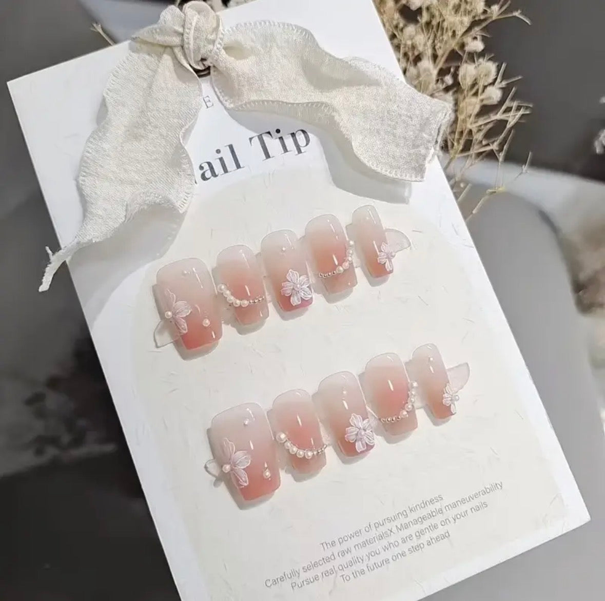 Pink Floral Press On Nails Pearl Gradient Nude Fake Nails Reusable Manicure