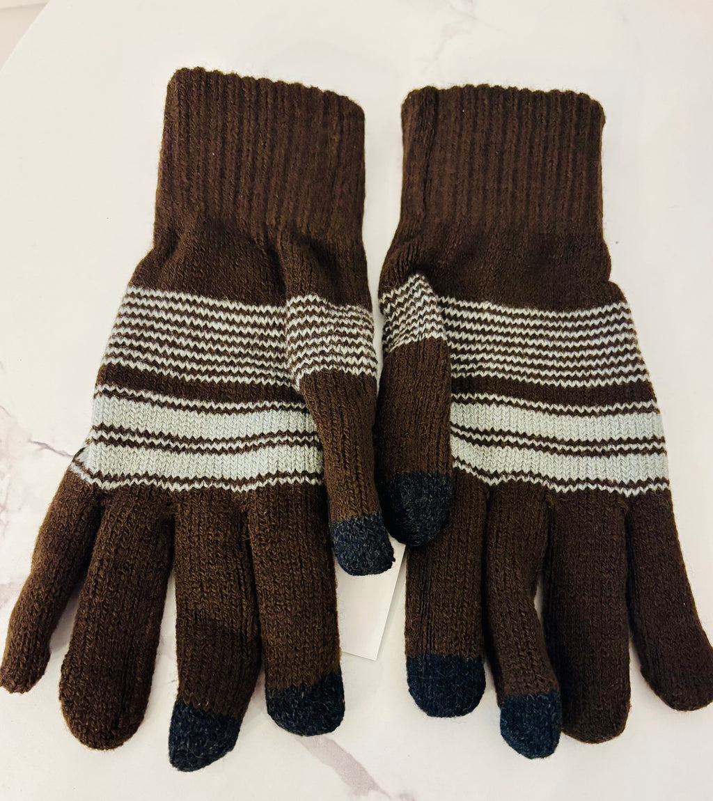 Brown Knit Winter Gloves – Warm Striped Soft Touch Gloves for Cold Weather