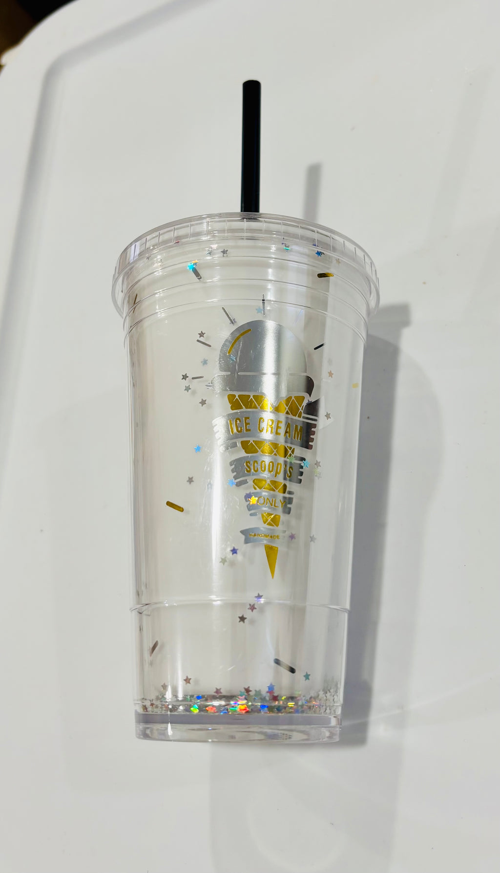 Double Wall Ice Cream Tumbler with Straw – Cute Glitter Cold Drink Cup, Reusable Plastic Smoothie Cup