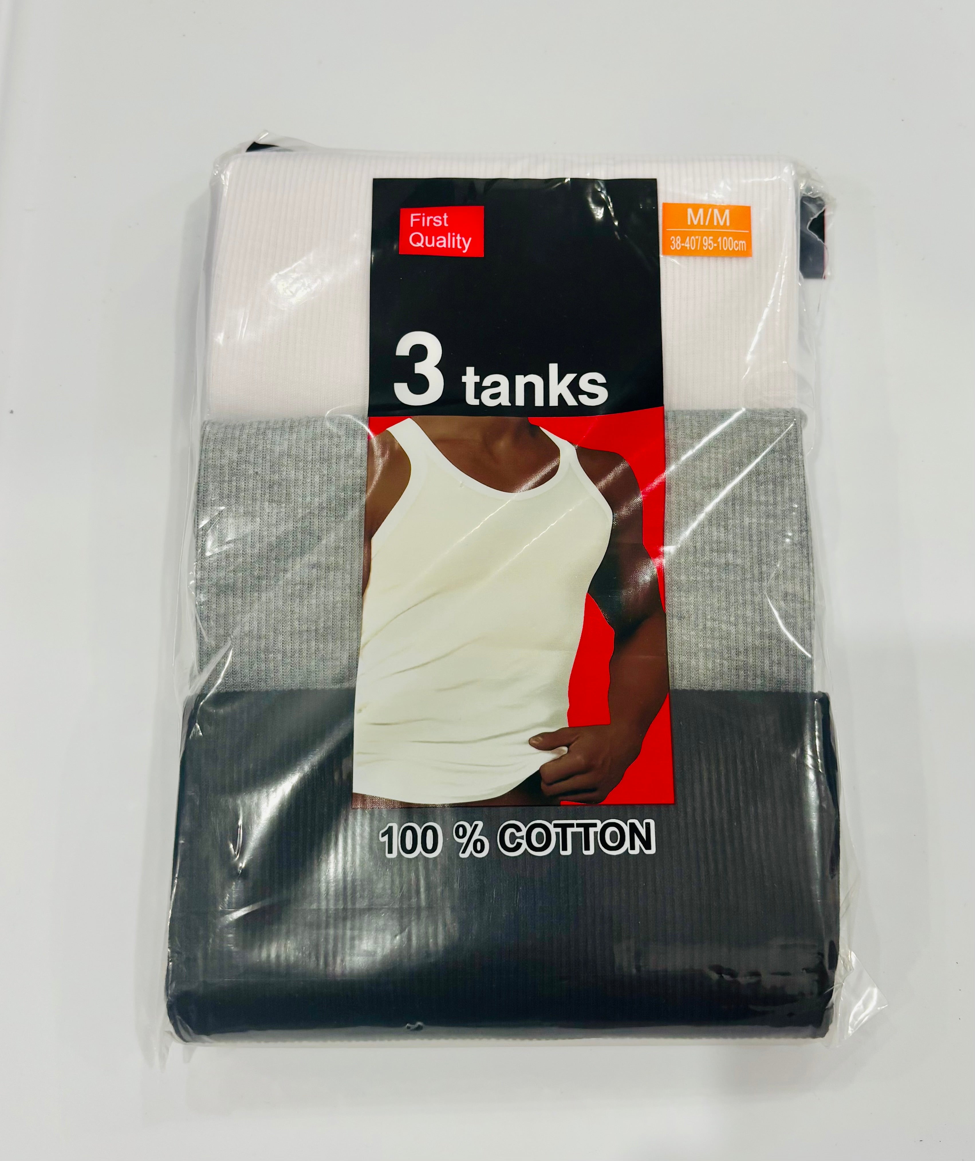 Men’s 100% Cotton Ribbed Tank Tops – 3 Pack (White / Gray / Black)