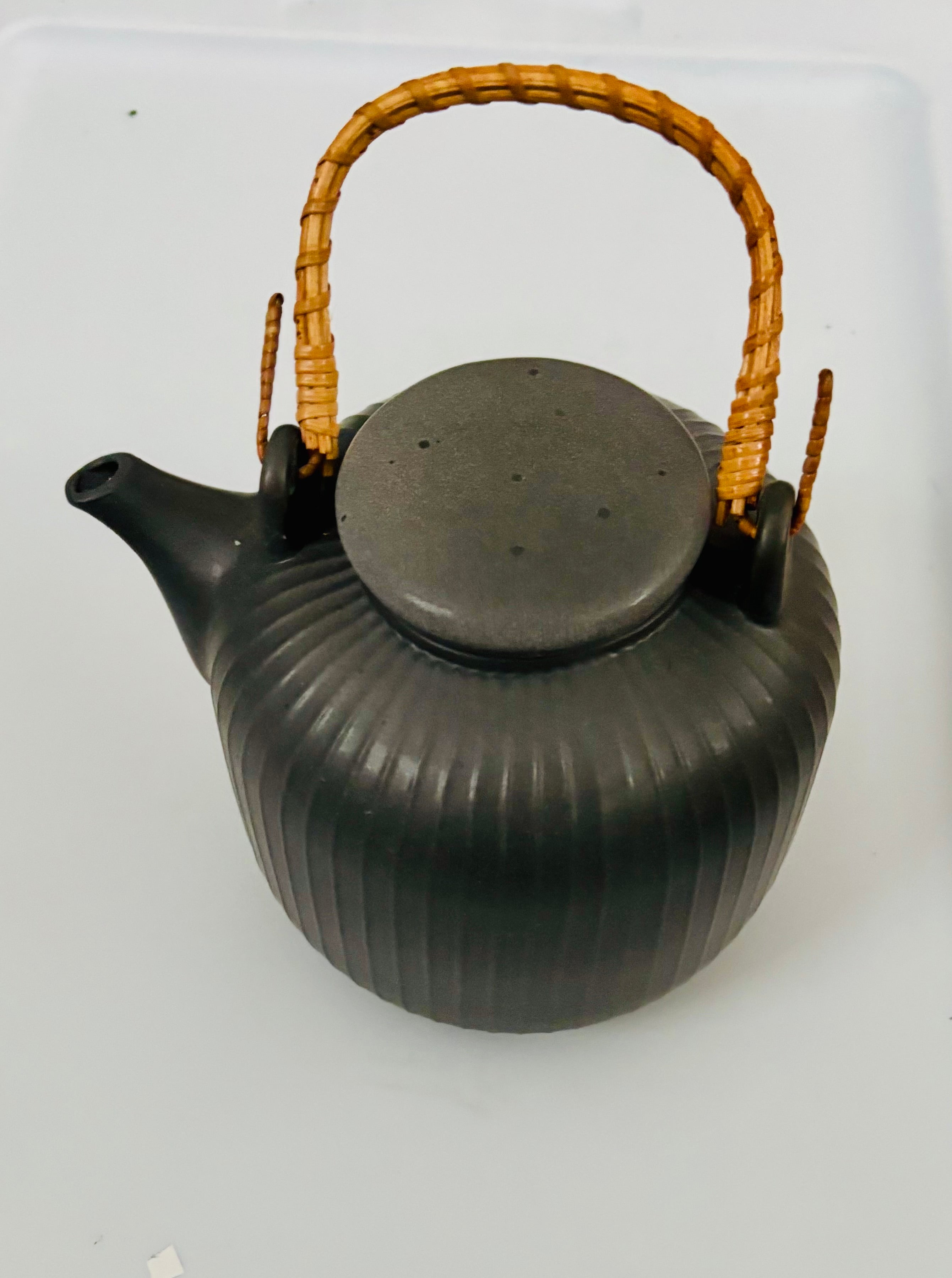 Japanese Style Ceramic Teapot Bamboo Handle Ribbed Tea Pot
