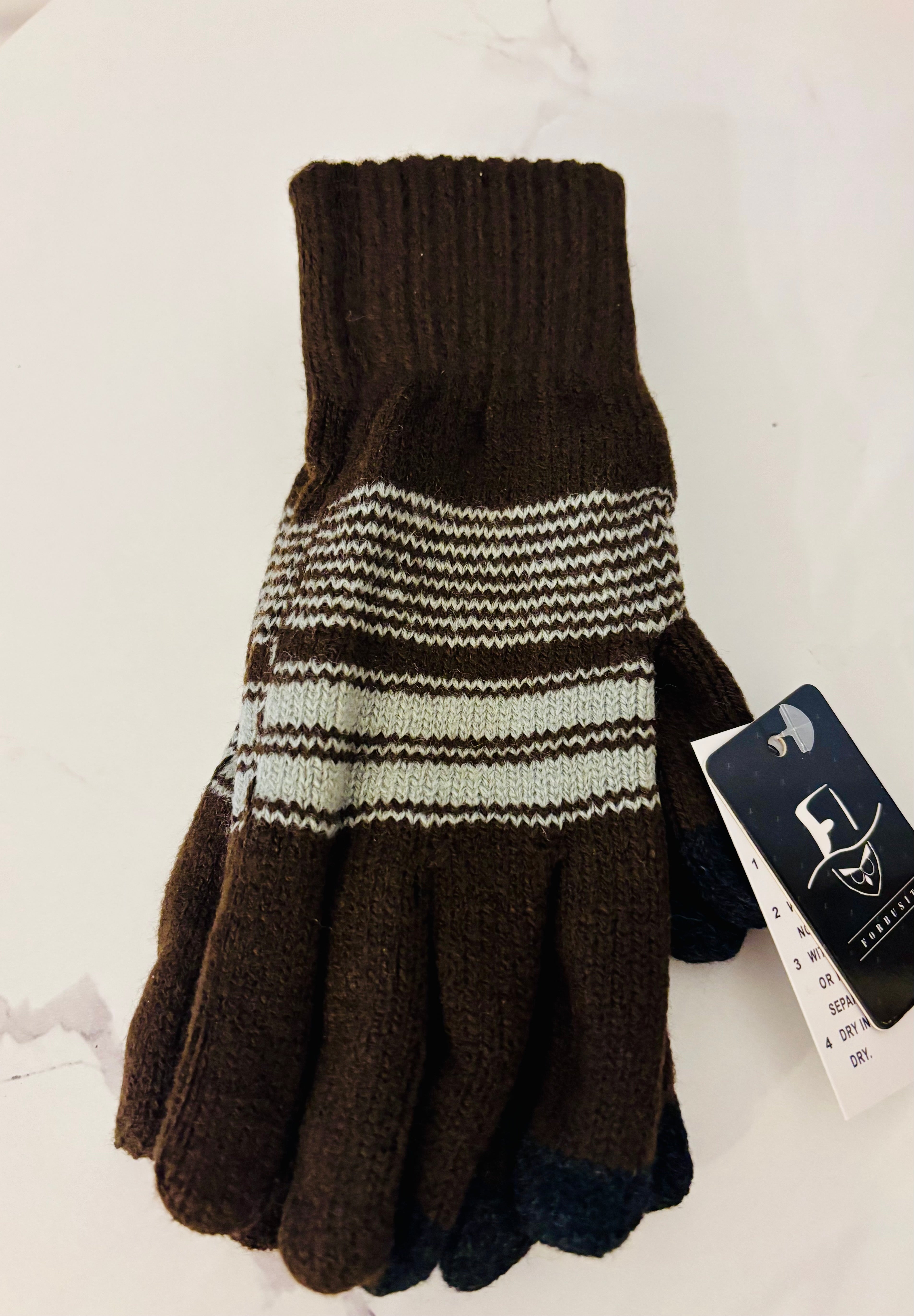 Brown Knit Winter Gloves – Warm Striped Soft Touch Gloves for Cold Weather