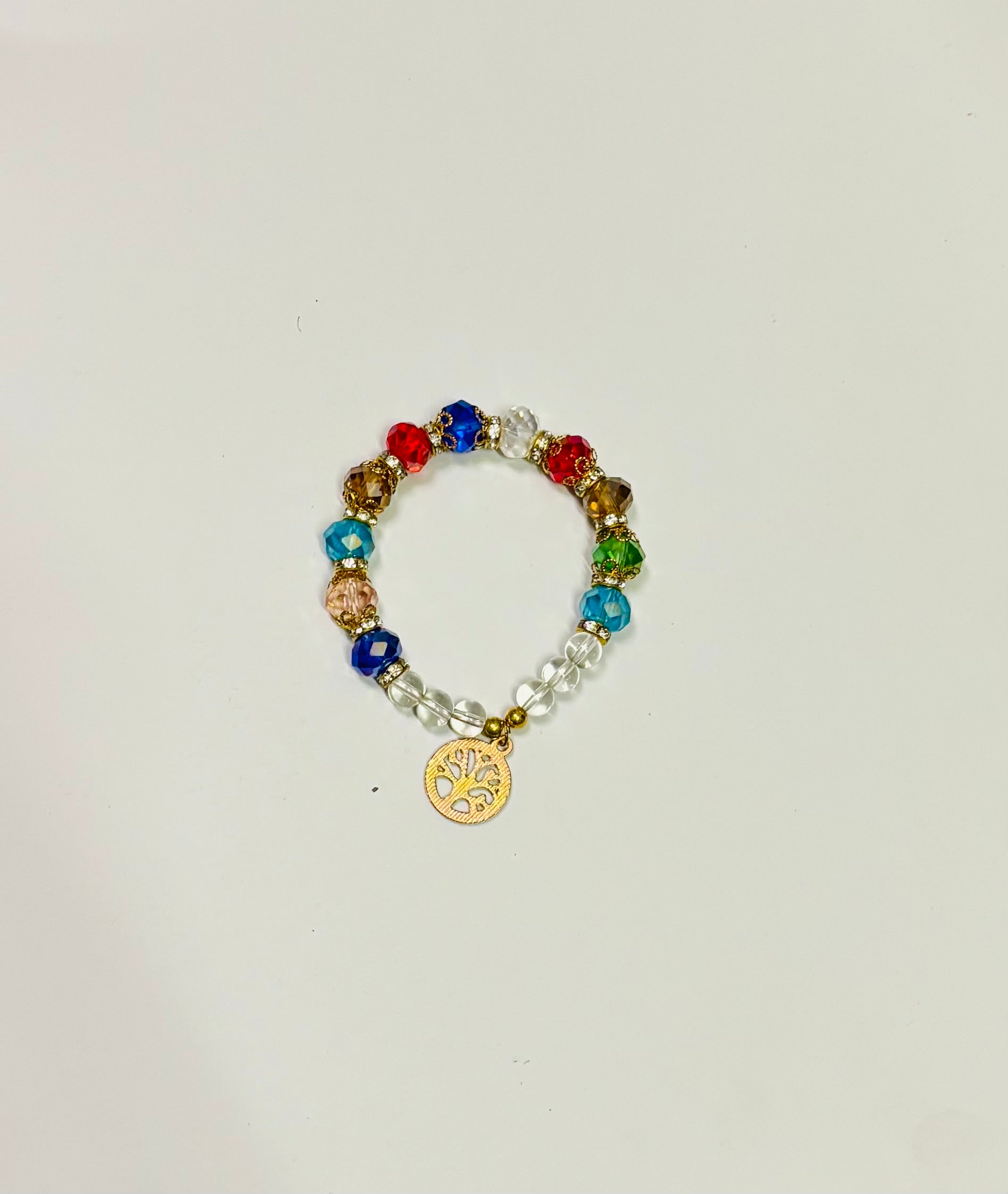 Colorful Beaded Bracelet with Tree Charm – Elastic Crystal Bracelet for Women
