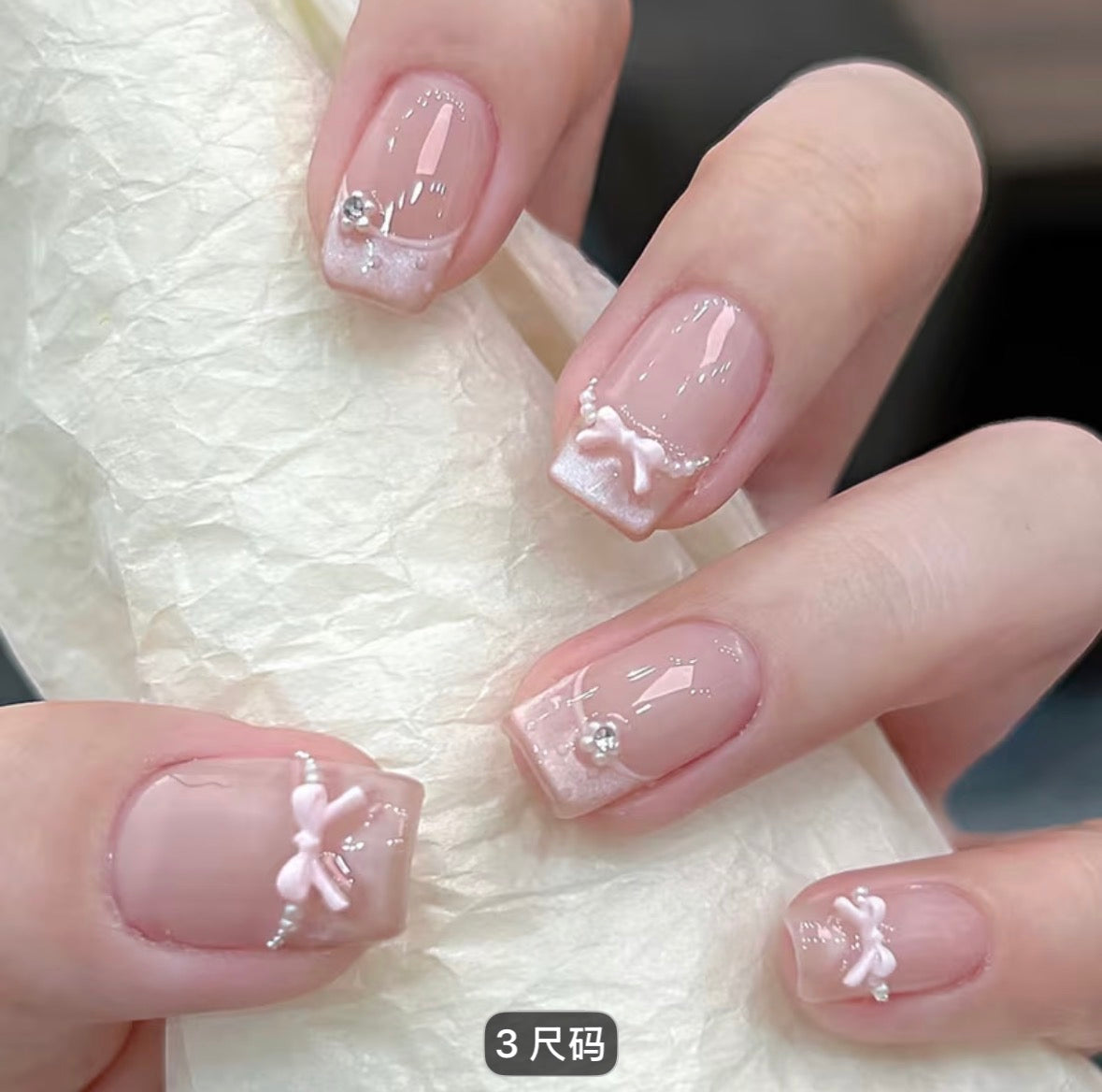 Pink Bow French Tip Press On Nails Cute Pearl Fake Nails Square Nail Set