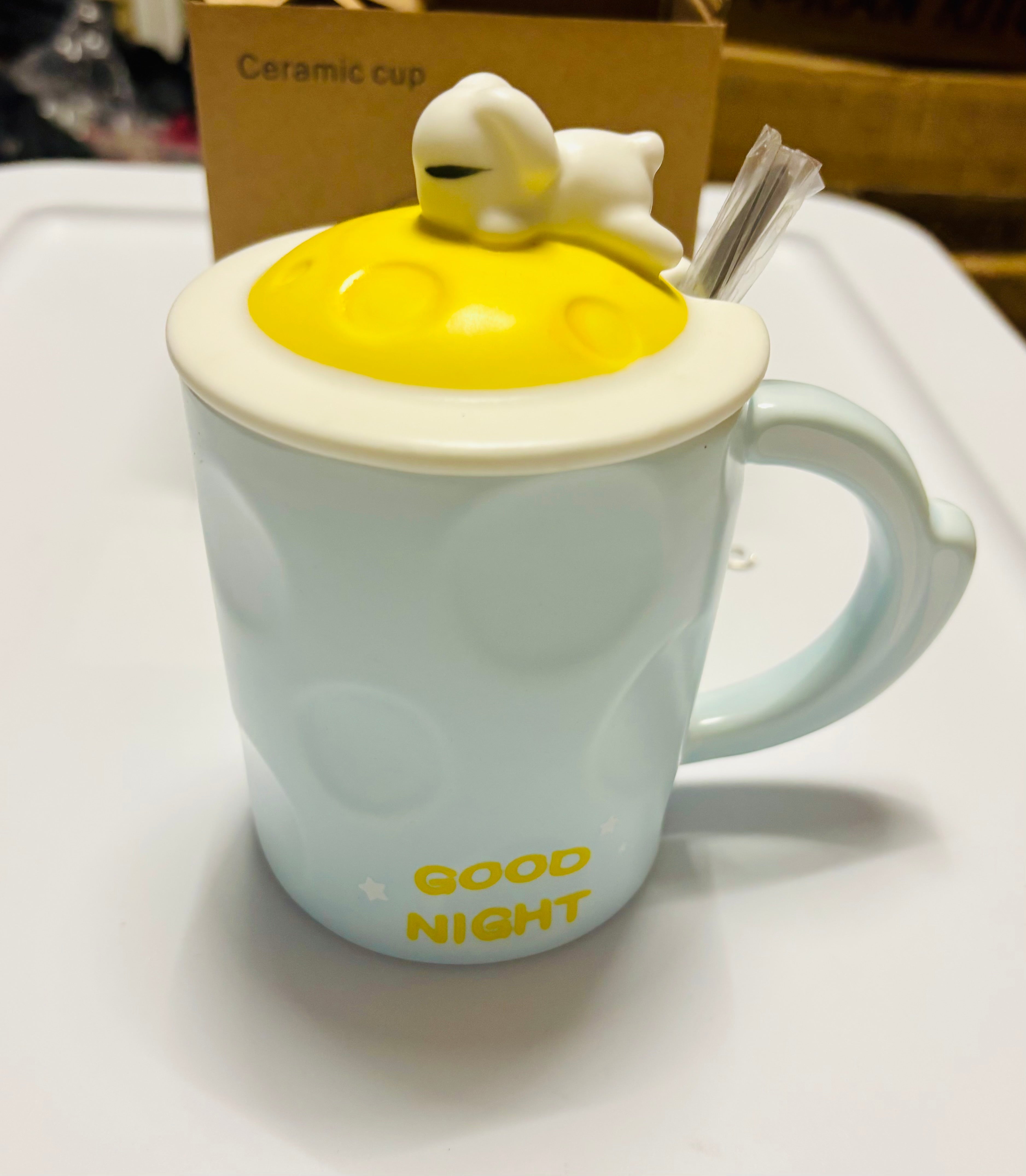 Cute Ceramic Mug with Lid and Spoon – Cartoon Coffee Cup, Gift Mug