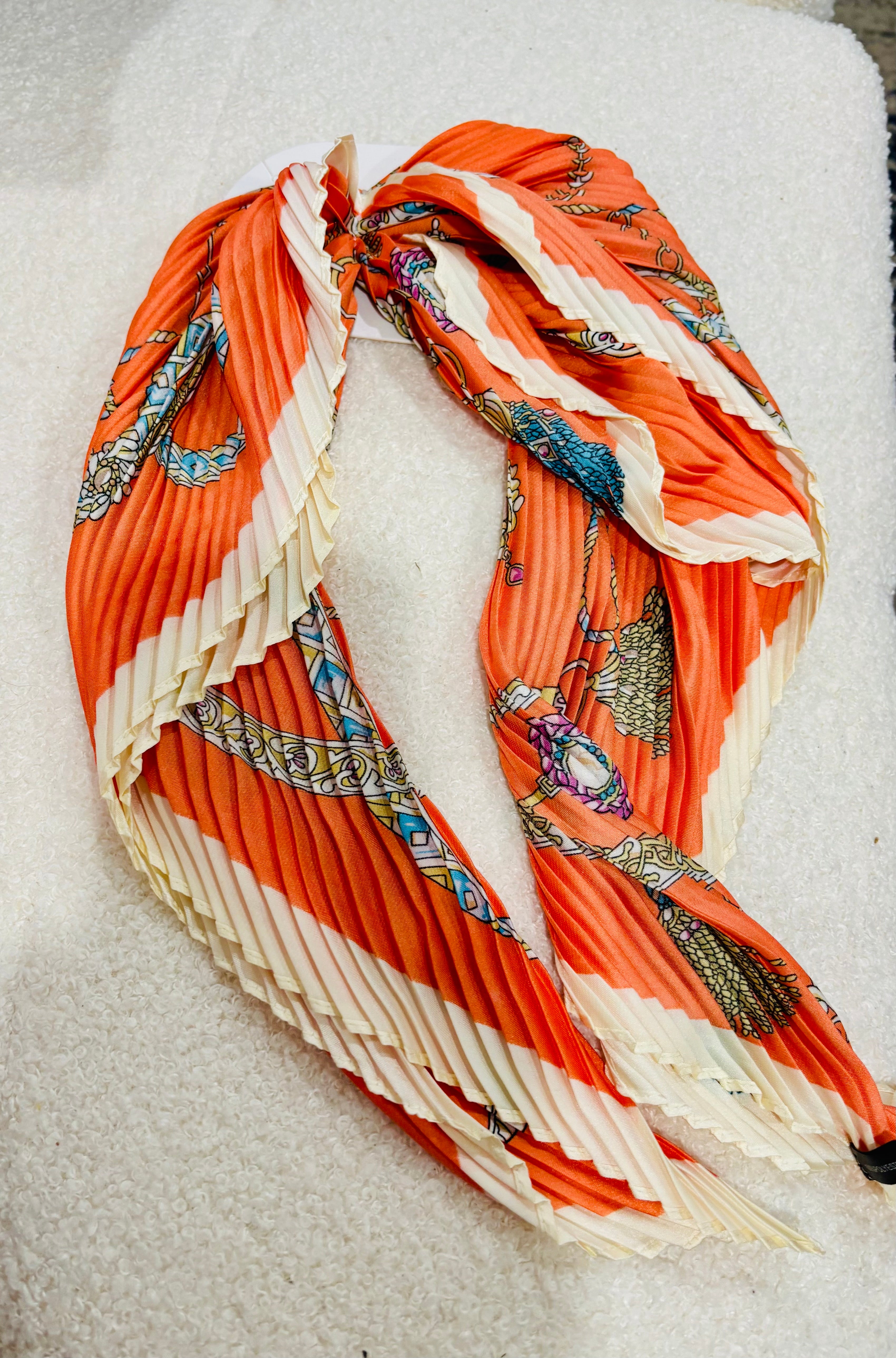 Elegant Pleated Silk-Feel Scarf – Orange Print Lightweight Shawl | Fashion Hair Scarf / Neck Wrap