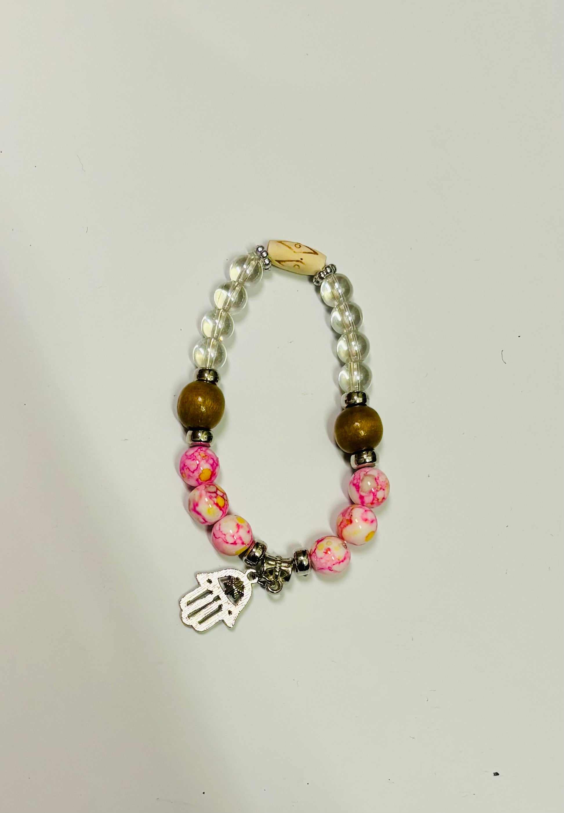 Marble Beaded Bracelet with Hamsa Charm – Elastic Fashion Bracelet for Women